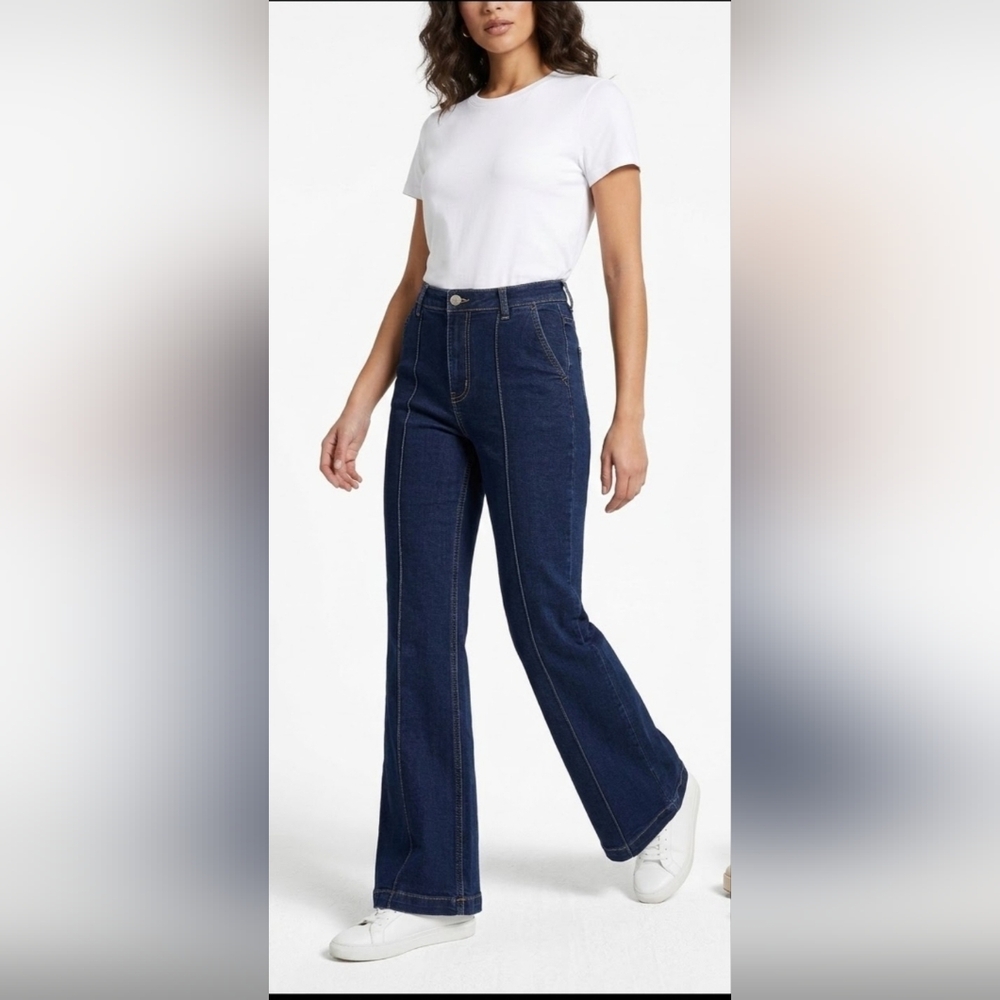 Avec Les Filles Hi-Waist Front Pleat Contrast Stitch Dark Wash Flare Jeans Sz 2